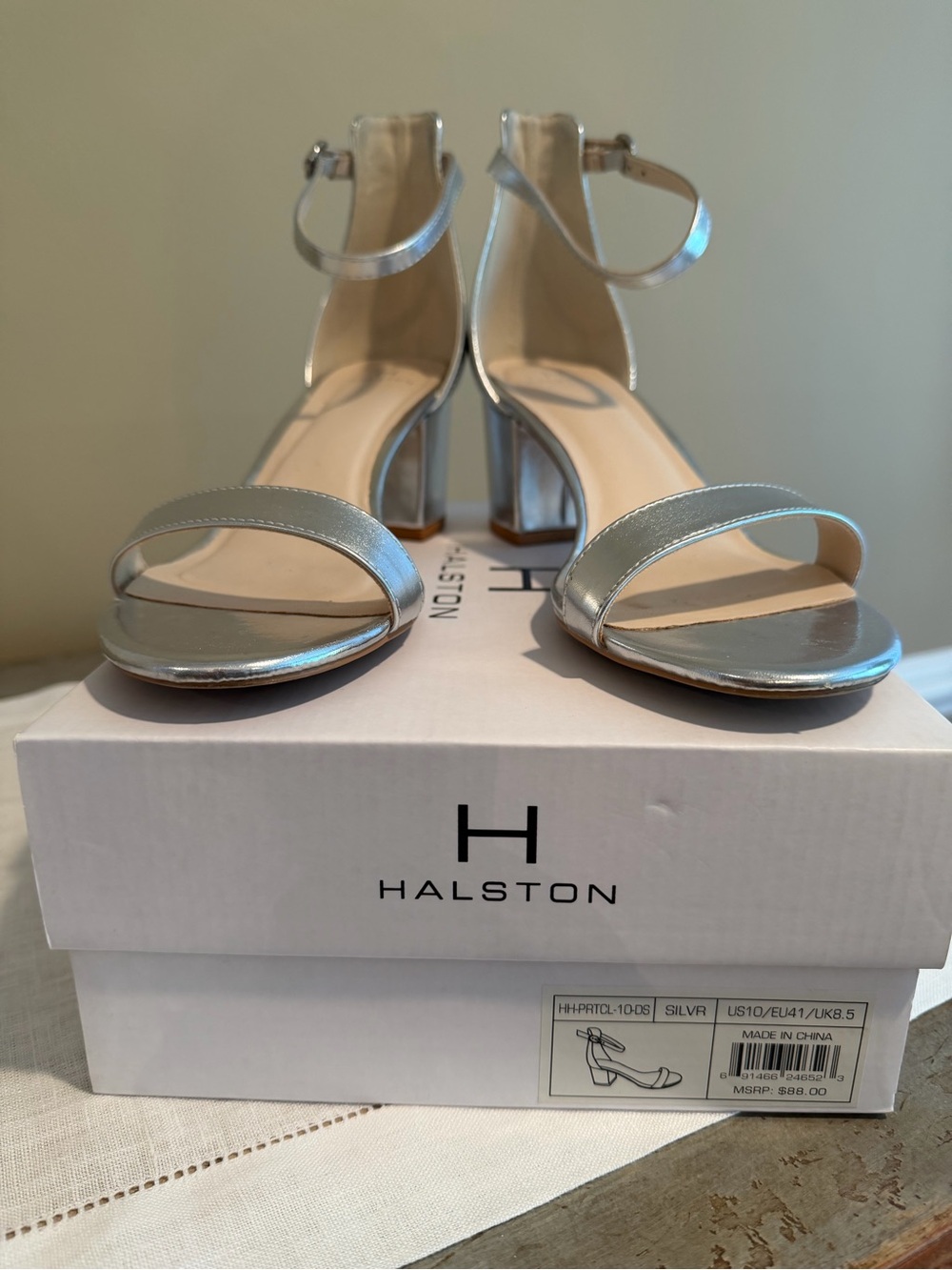 Halston Heritage Metallic Silver Ankle-Strap Block Heels
